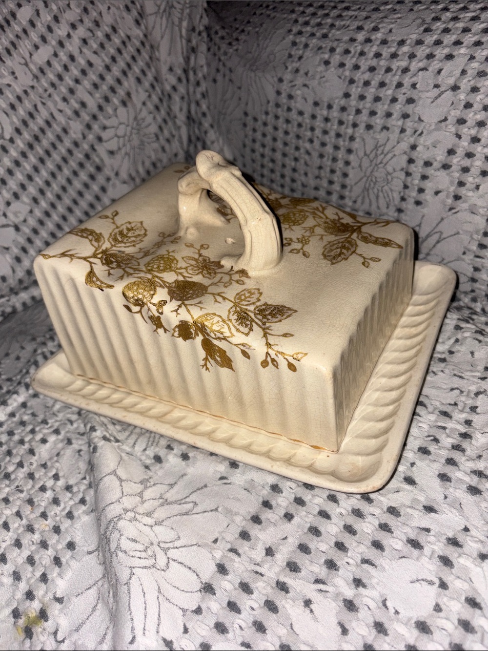 Ivory Ceramic vintage cheese Dish with Gold Floral Detail